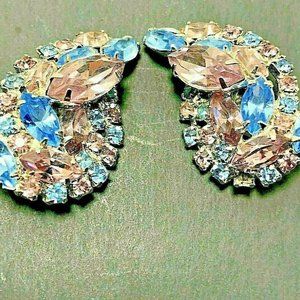 Lisner Clip Earrings Blue Lavender Rhinestone Vtg